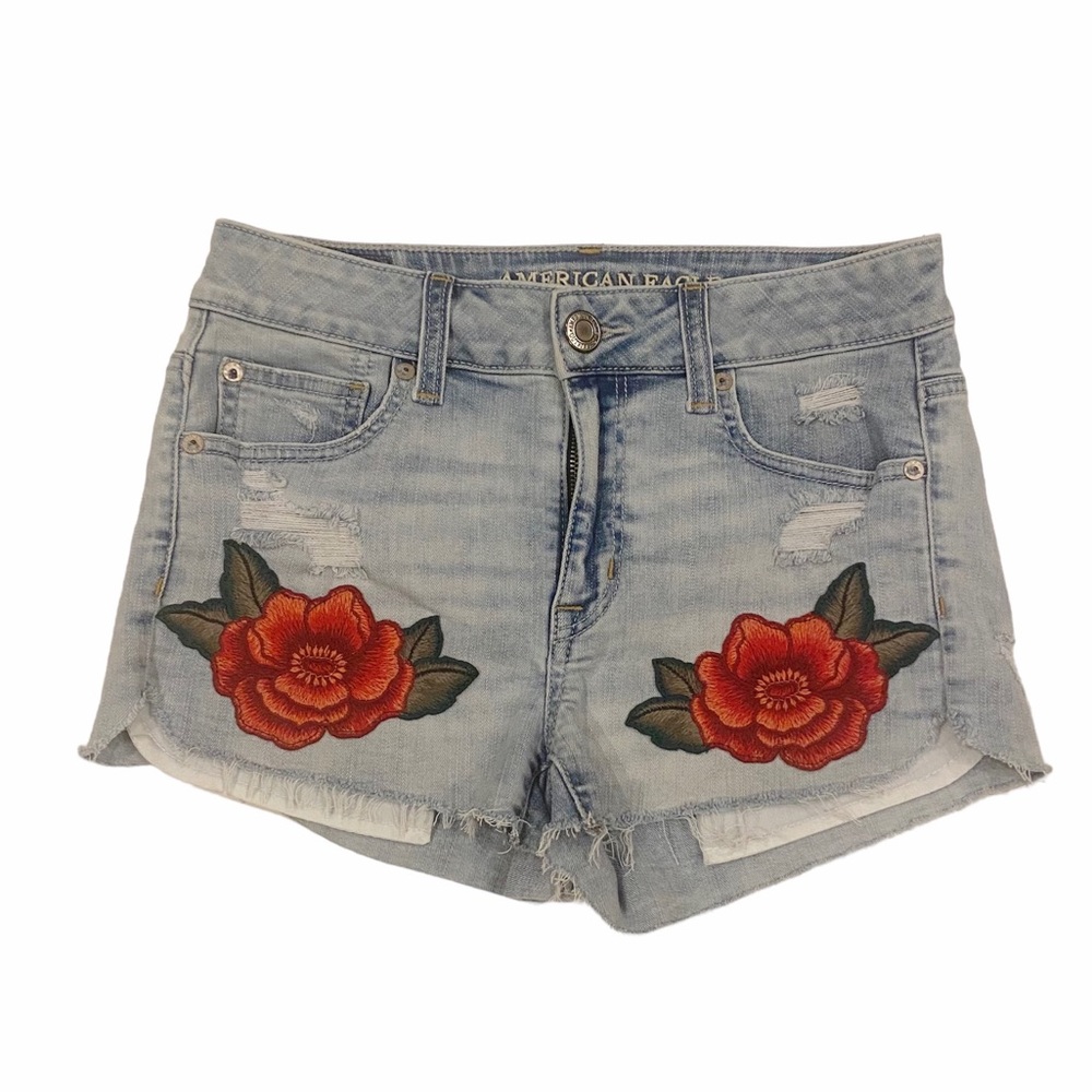 American Eagle Size 4 Hi-Rise Stretch Denim Festival Shorts Floral Embroidery